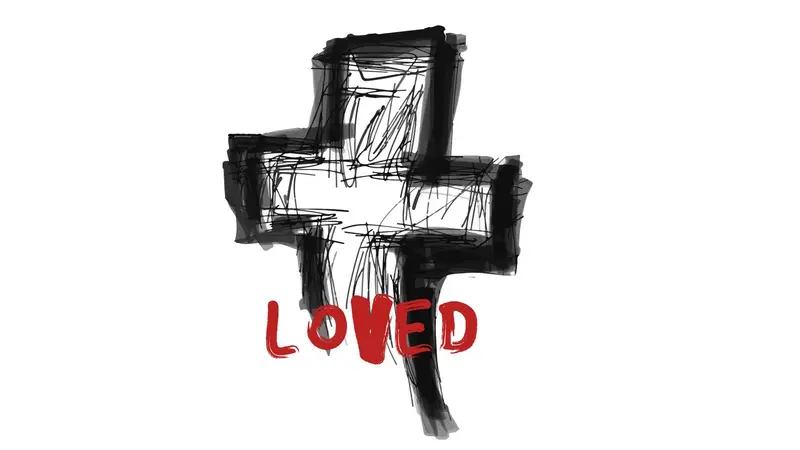 Brushed cross illustration reading LOVED