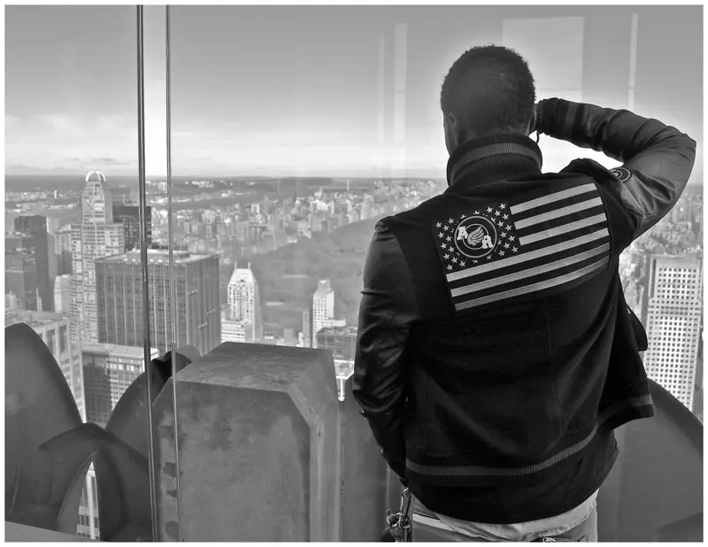 Flag jacket over NYC skyline