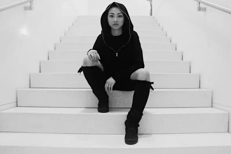 Hoodie on stairs, black and white