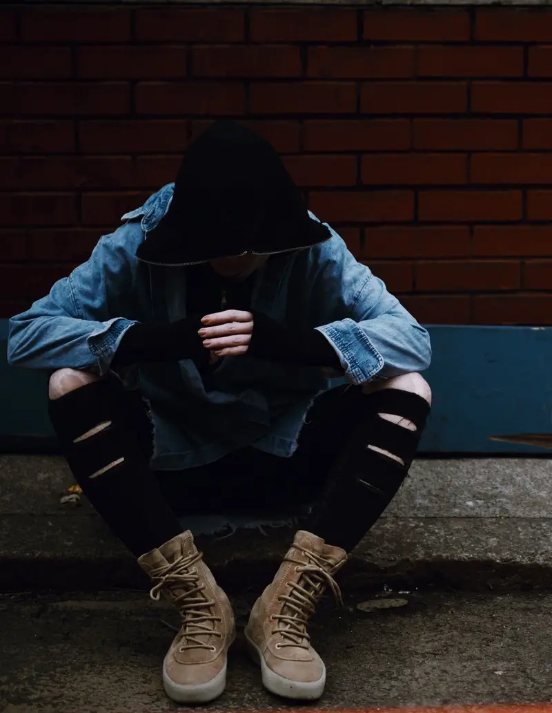 Hooded denim, curb, brick