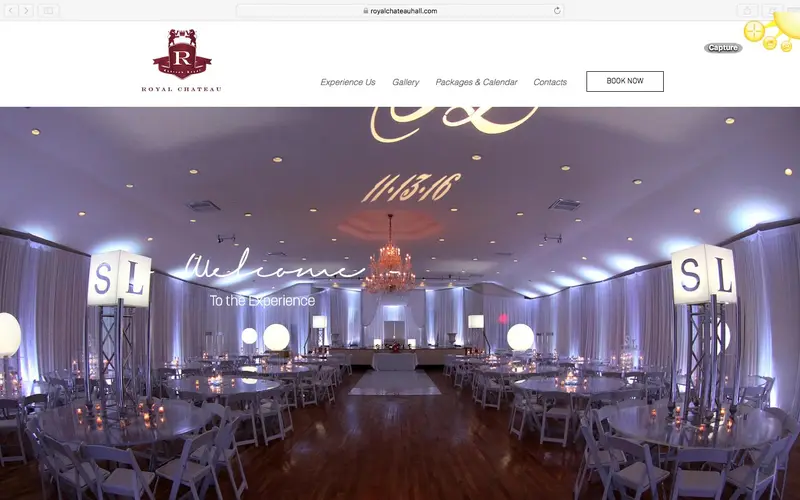 Royal Chateau Hall website homepage showing the ballroom