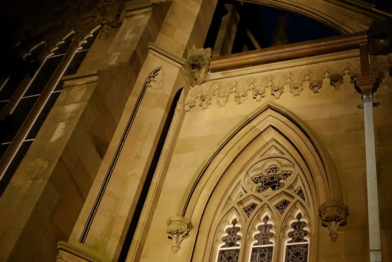 Gothic church facade at night