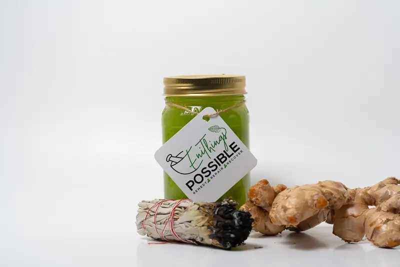 Green jar with ginger, sage